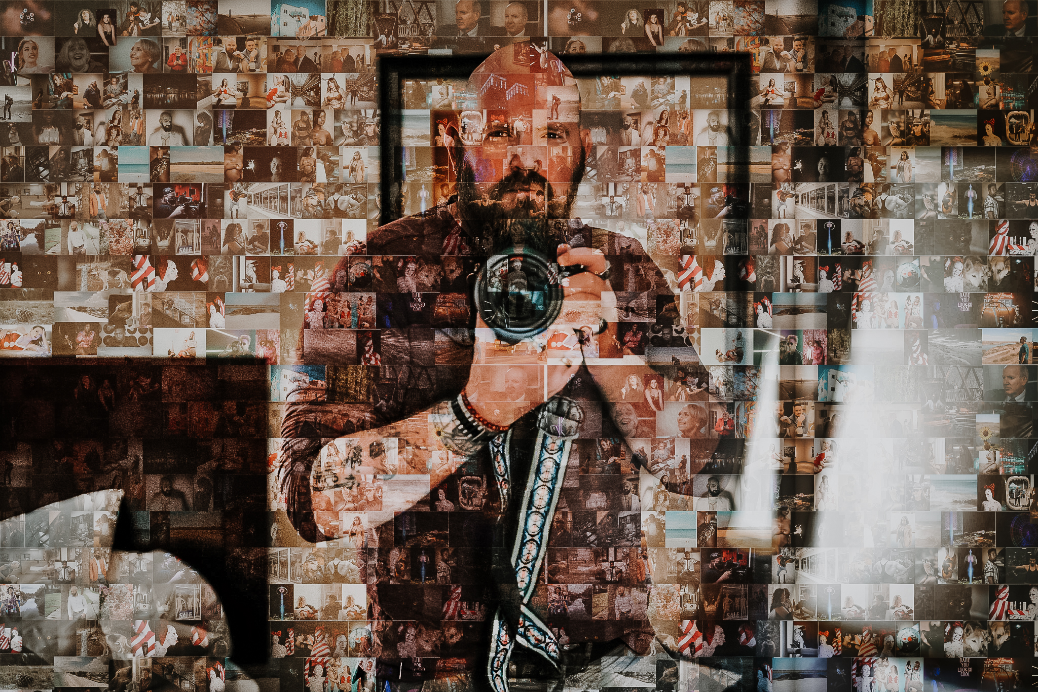 This is a self portrait of photographer Adam Scott, who lives and works in Atlanta, GA & Powder Springs, GA. The image is a slef portrait of Adam Scott overlayed with several photos hes taken over the years.